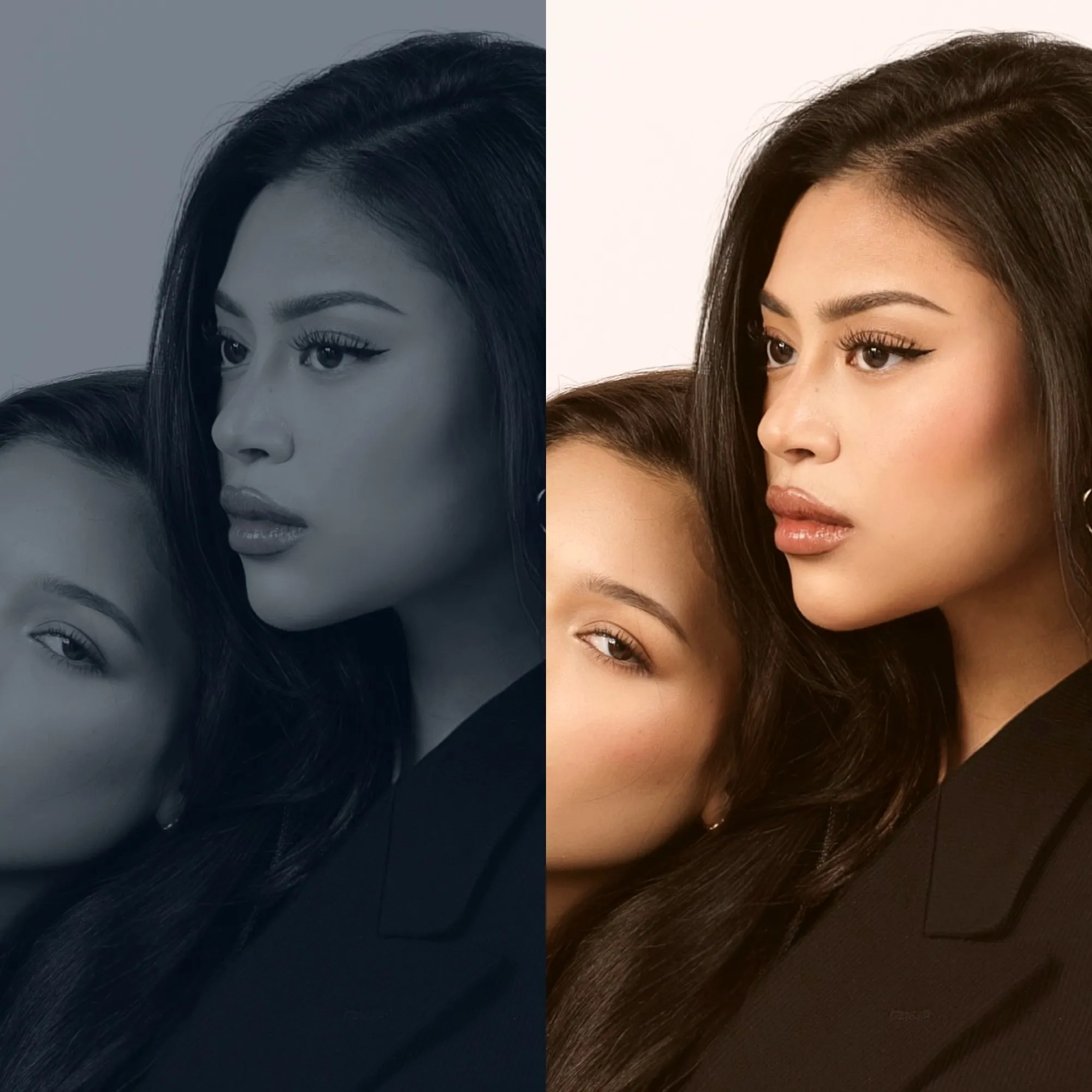 Diptych of the same eye split into two halves: the left side dim and desaturated showing lashes before a lift, the right side bright and full-color showing the same lashes curled and tinted after